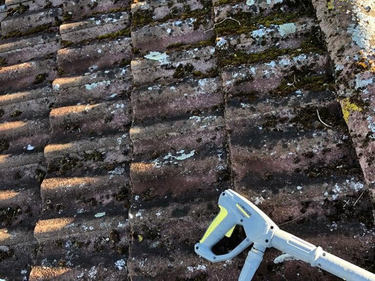 Betongpannor täckta av mossa och alger före tvätt